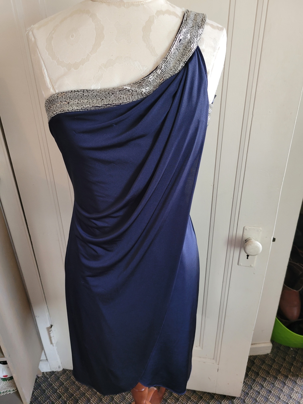 JS Boutique Navy One-Shoulder Dress with Silver Beaded Trim
